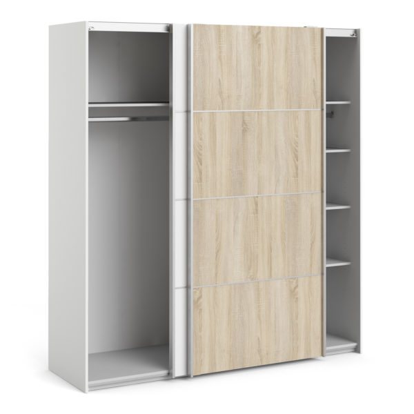 Venice Wardrobe Collection Sliding Wardrobe 180cm in White with White and Oak doors with 5 Shelves