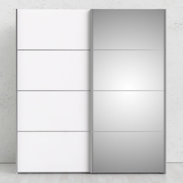 Venice Wardrobe Collection Sliding Wardrobe 180cm in White with White and Mirror Doors with 5 Shelves