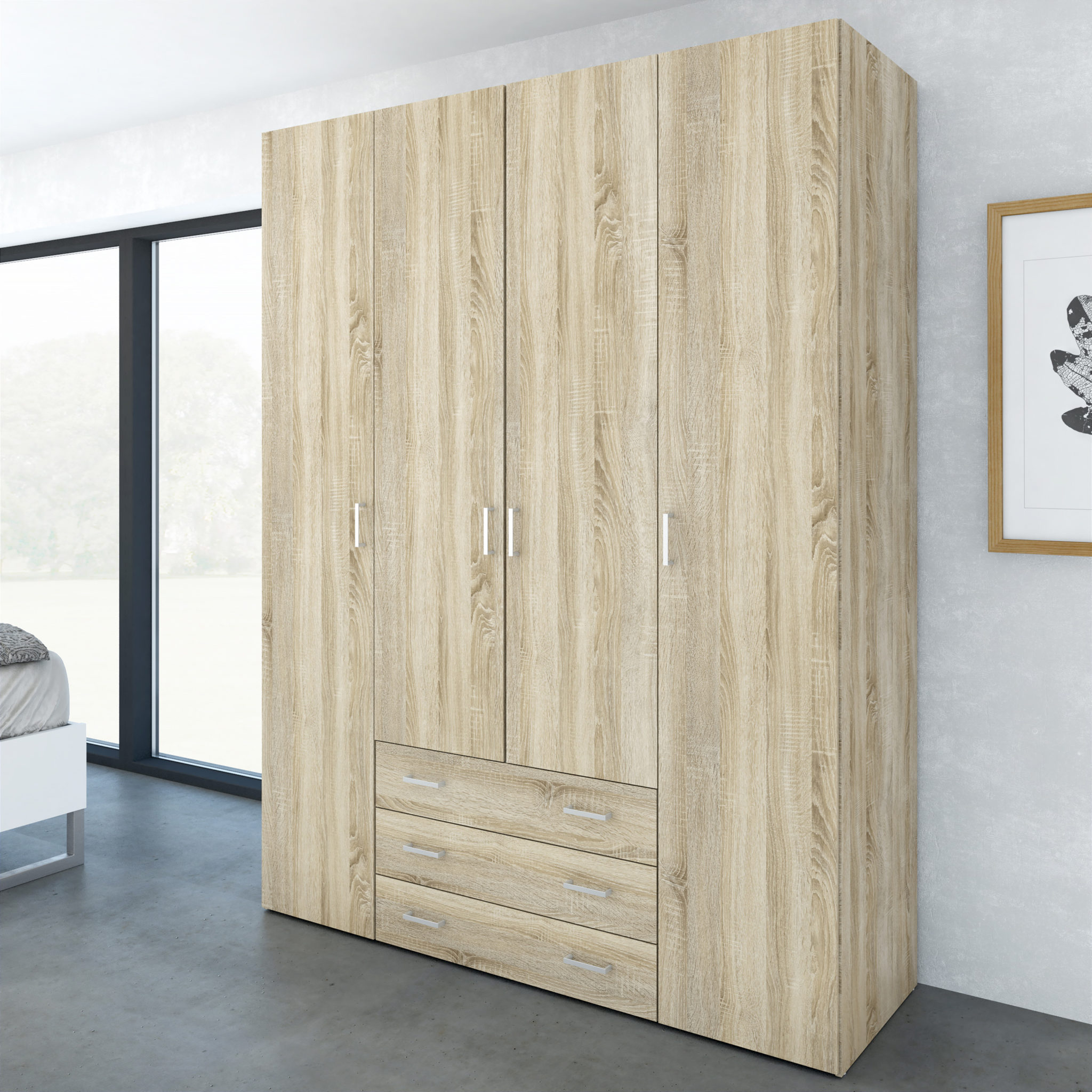 Edinburgh Wardrobe with 4 Doors & 3 Drawers in Oak Oak World