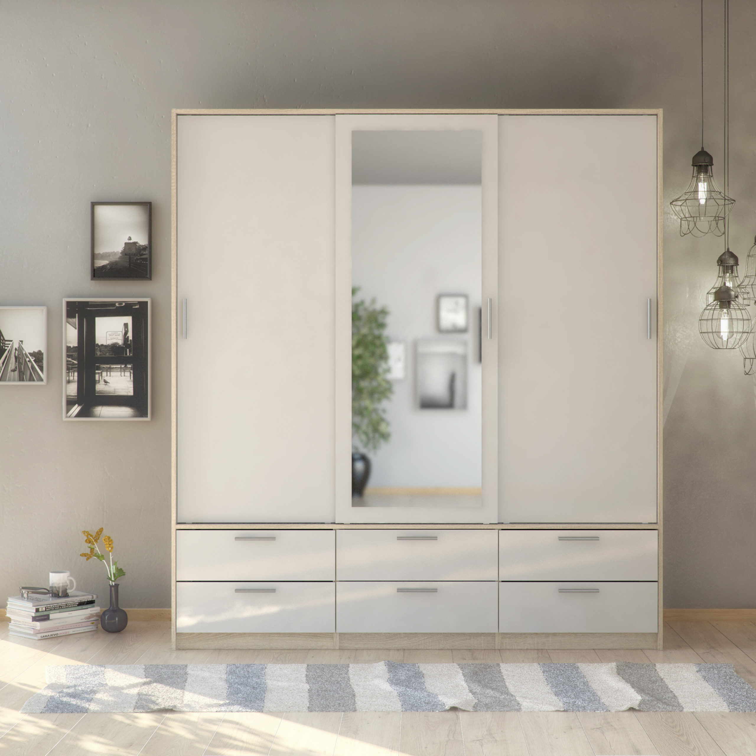 White gloss 3 door wardrobe with drawers sales