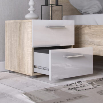 Rossi White High Gloss Bedside 2 Drawers in Oak | Self Assembly