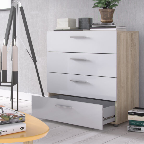 Rossi White High Gloss Chest of 4 Drawers in Oak | Self Assembly