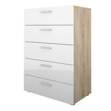 Rossi White High Gloss Chest of 5 Drawers in Oak