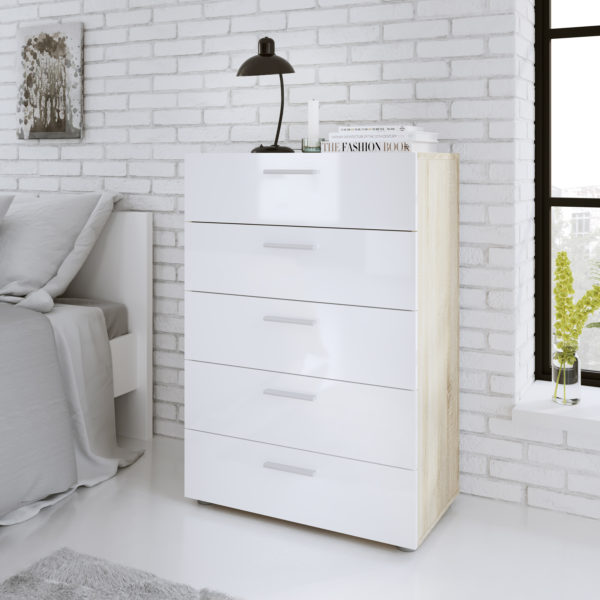 Rossi White High Gloss Chest of 5 Drawers in Oak | Self Assembly
