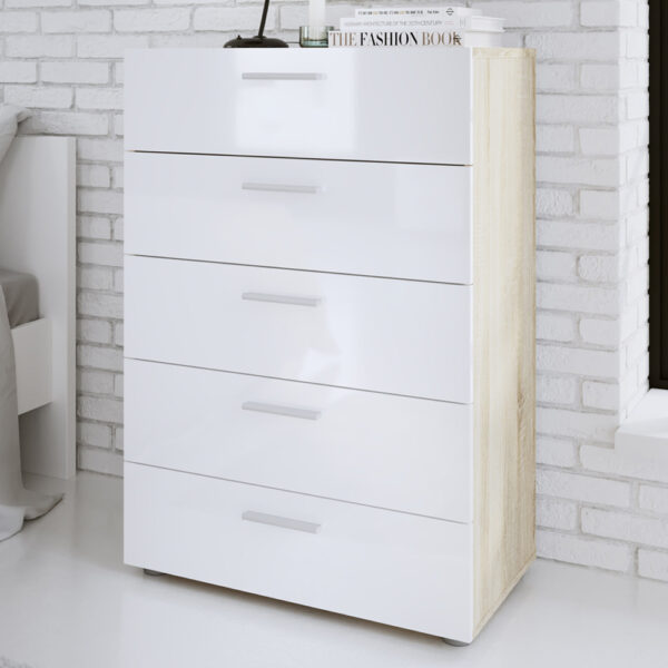 Rossi White High Gloss Chest of 5 Drawers in Oak | Self Assembly