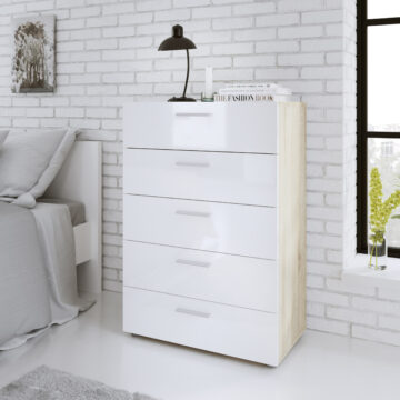 Rossi White High Gloss Chest of 5 Drawers in Oak