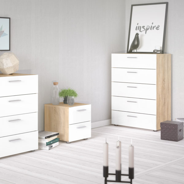 Rossi White High Gloss Chest of 5 Drawers in Oak | Self Assembly