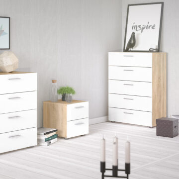 Rossi White High Gloss Chest of 5 Drawers in Oak