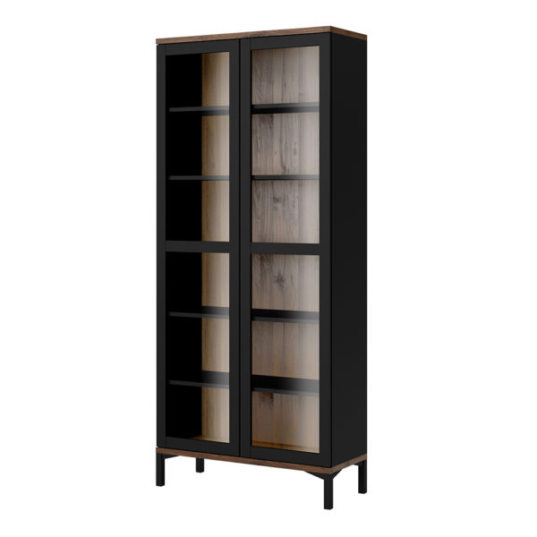 Paphos Display Cabinet Glazed 2 Doors in Black and Walnut | Self Assembly