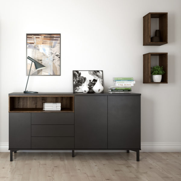 Paphos Sideboard 3 Drawers 3 Doors in Black and Walnut | Self Assembly