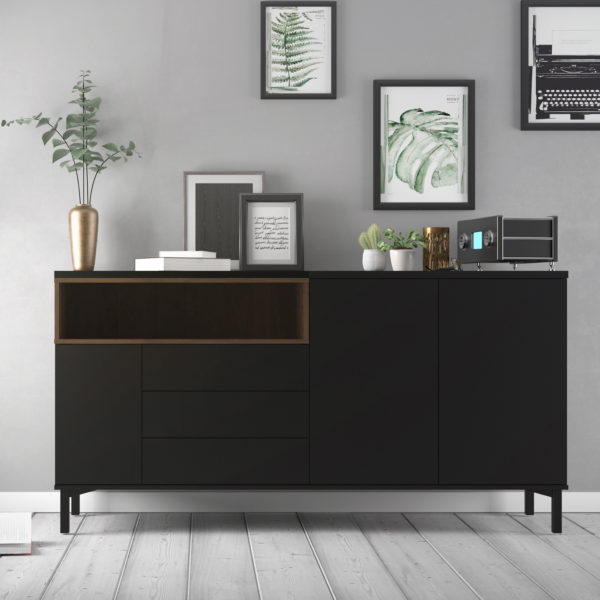 Paphos Sideboard 3 Drawers 3 Doors in Black and Walnut | Self Assembly