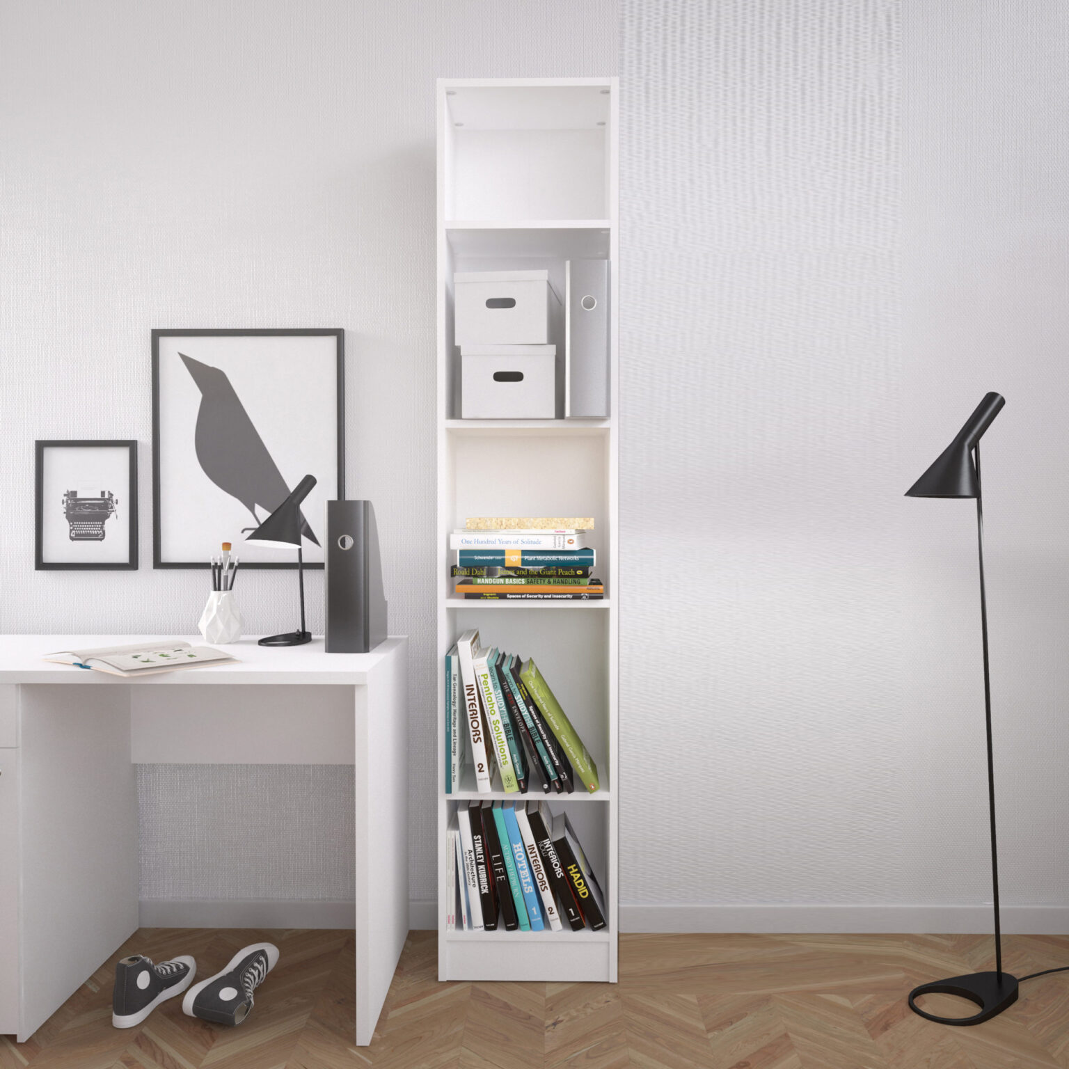 Boardwalk Bookcase Collection Tall Narrow Bookcase (4 Shelves) in White