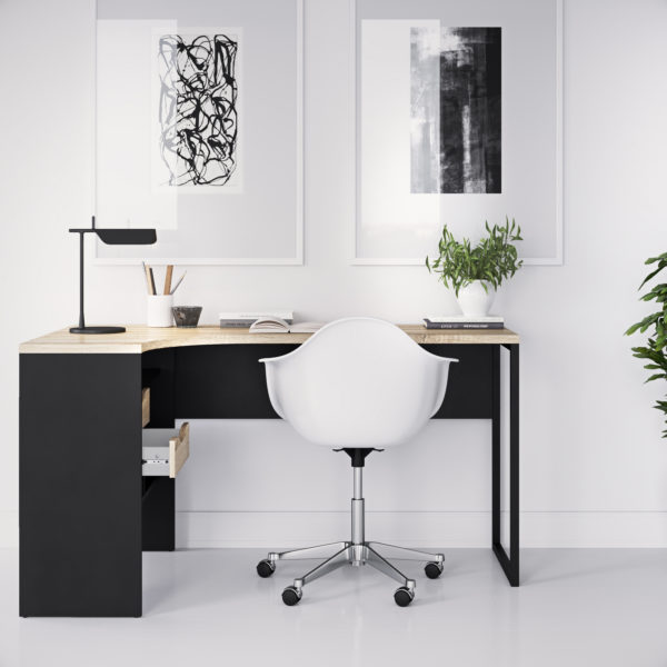 Ajax Plus Corner Desk 2 Drawers in Black Matte and Oak | Self Assembly