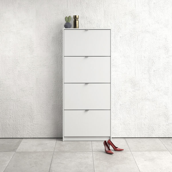 White Luxor Shoe Cabinet Collection With 4 Tilting Doors and 1 Layer | Self Assembly