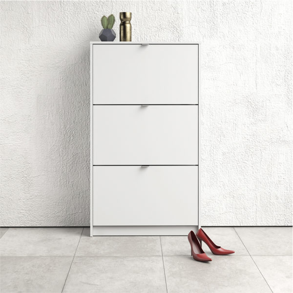 White Luxor Shoe Cabinet Collection With 3 Tilting Doors and 2 Layers | Self Assembly