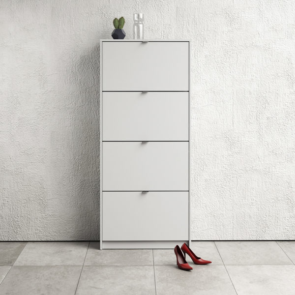 White Luxor Shoe Cabinet Collection With 4 Tilting Doors and 2 Layers | Self Assembly