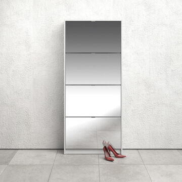 White Luxor Shoe Cabinet Collection With 4 Mirror Tilting Doors and 2 Layers | Self Assembly