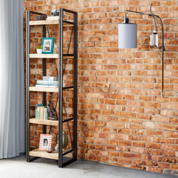 Memphis Industrial Metal Slim Open Mango Bookcase | Black Steel & Mango