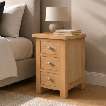 Wynyard Narrow Oak 3 Drawer Bedside Table | Assembled