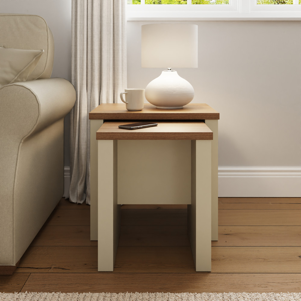 Fife Cream Nesting Tables | Oak Finish Tops