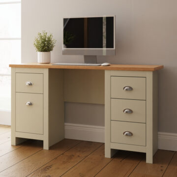Fife Cream 4 Drawer 1 Door Desk | Oak Finish Top