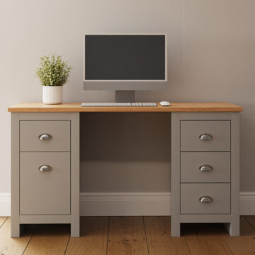 Fife Grey 4 Drawer 1 Door Desk | Oak Finish Top