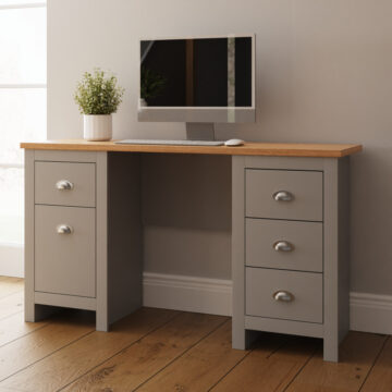 Fife Grey 4 Drawer 1 Door Desk | Oak Finish Top