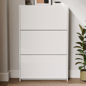 Narrow White High Gloss 3 Tier Shoe Cabinet