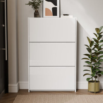 Narrow White High Gloss 3 Tier Shoe Cabinet