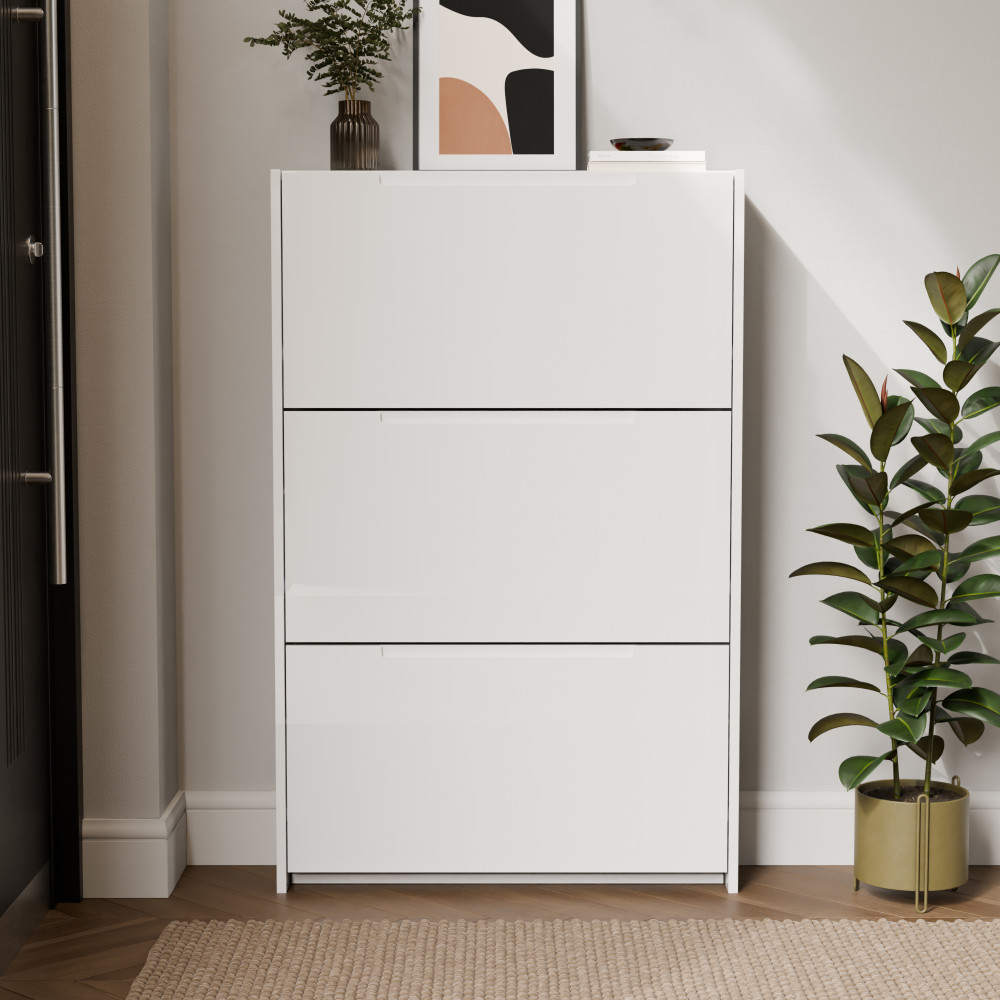 Narrow White High Gloss 3 Tier Shoe Cabinet