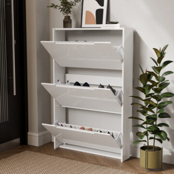 Narrow White High Gloss 3 Tier Shoe Cabinet