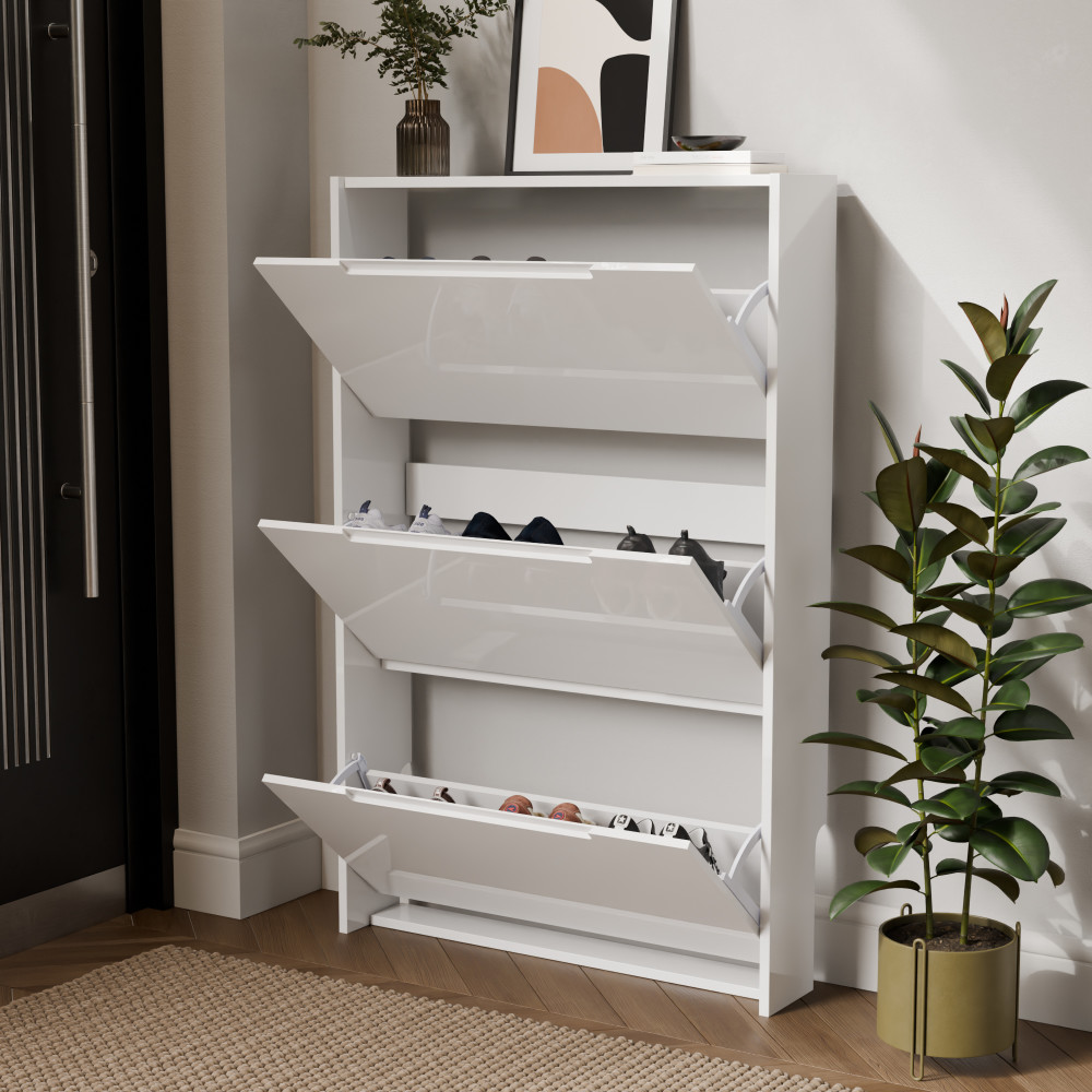 Narrow White High Gloss 3 Tier Shoe Cabinet