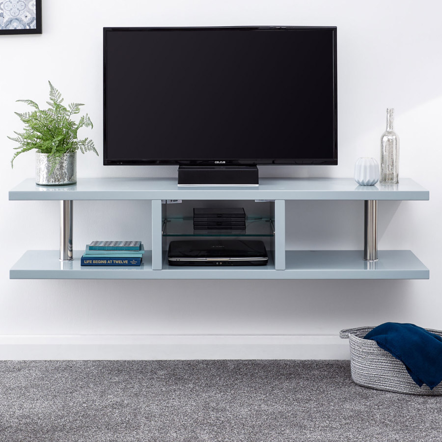 Alaska High Gloss Wall Mounted LED TV Unit Grey Self Assembly
