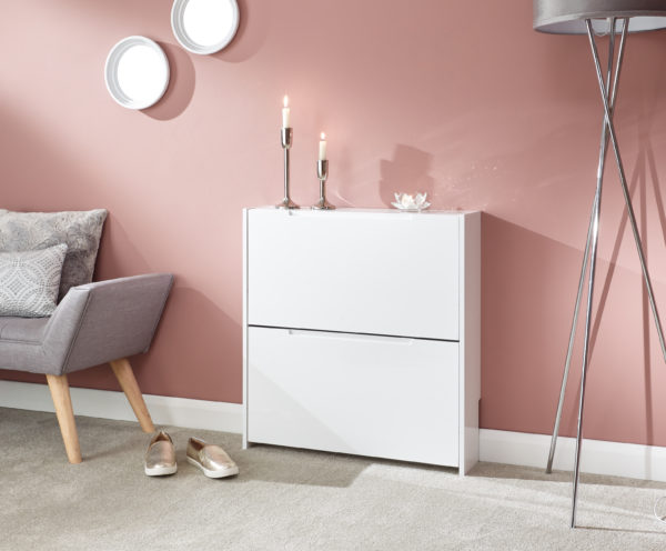 Narrow High Gloss 2 Tier Shoe Cabinet | White | Self Assembly
