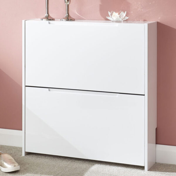 Narrow High Gloss 2 Tier Shoe Cabinet | White | Self Assembly