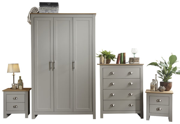 Fife Grey 4 Piece Bedroom Furniture Set Wardrobe Chest & Bedsides | Grey | Clearance