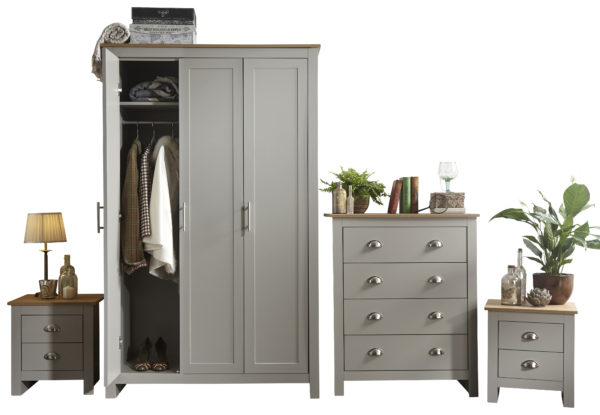 Fife Grey 4 Piece Bedroom Furniture Set Wardrobe Chest & Bedsides | Grey | Clearance