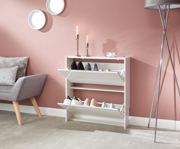 Narrow High Gloss 2 Tier Shoe Cabinet | White | Self Assembly