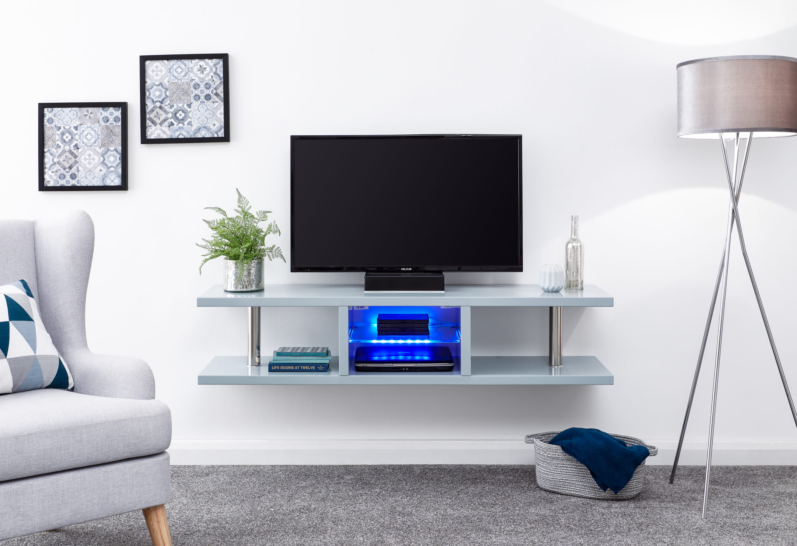 Alaska High Gloss Wall Mounted LED TV Unit | Grey | Self Assembly | Oak ...