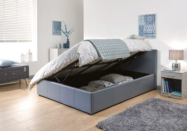 Marikina Side Lift Ottoman Small Double Bed | Grey PU