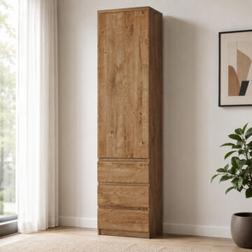 Birtley Tall Narrow 1 Door 3 Drawer Cupboard in Oak