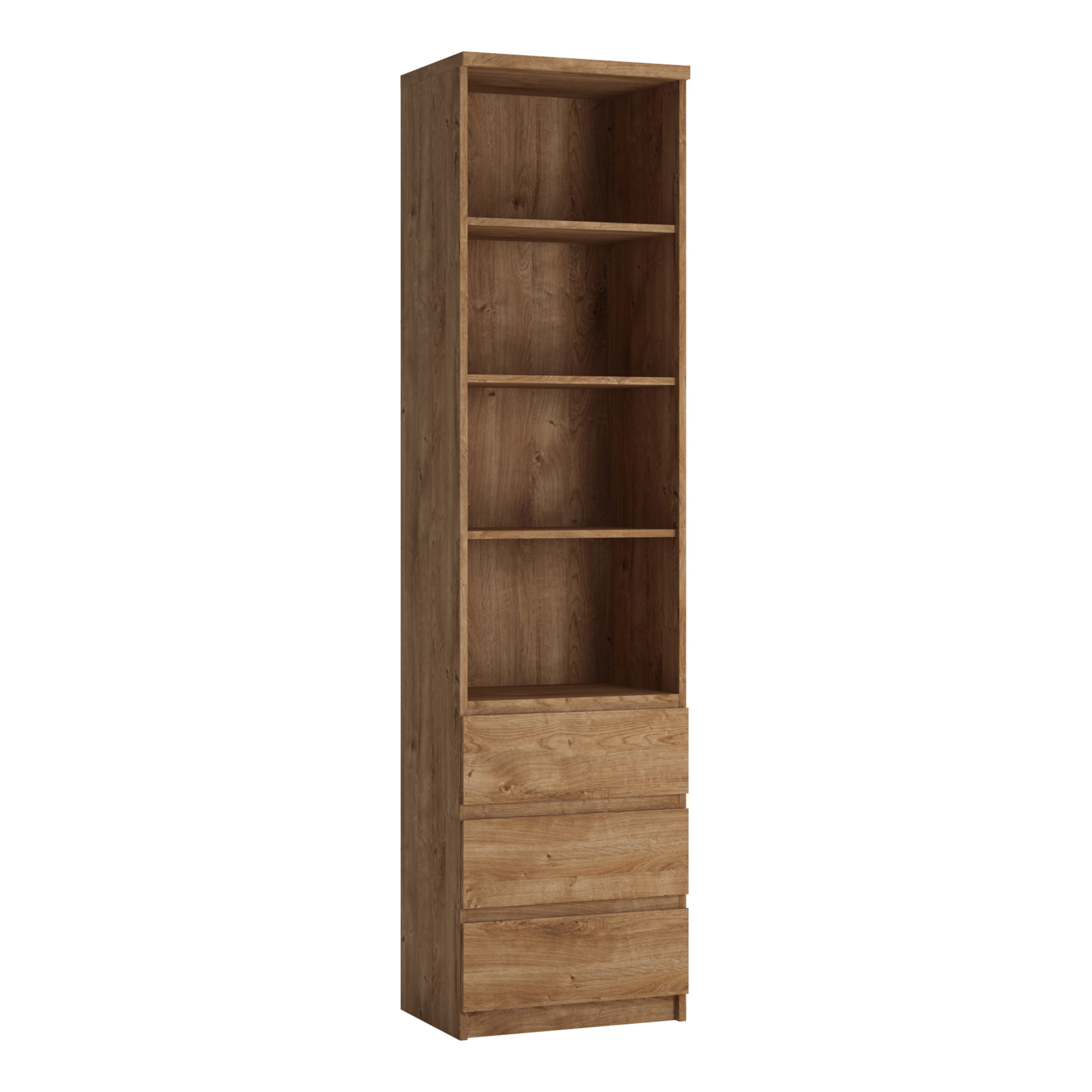 Birtley Tall Narrow 3 Drawer Bookcase in Oak Self Assembly Oak World