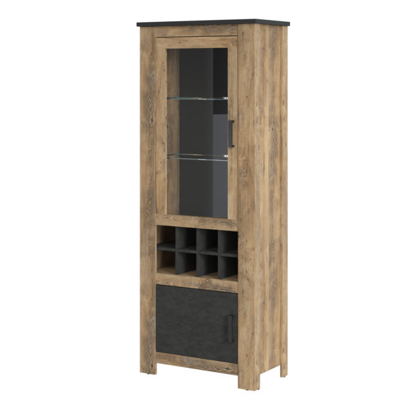 Compton 2 Door Display Cabinet with Wine Rack | Chestnut and Matera Grey | Self Assembly