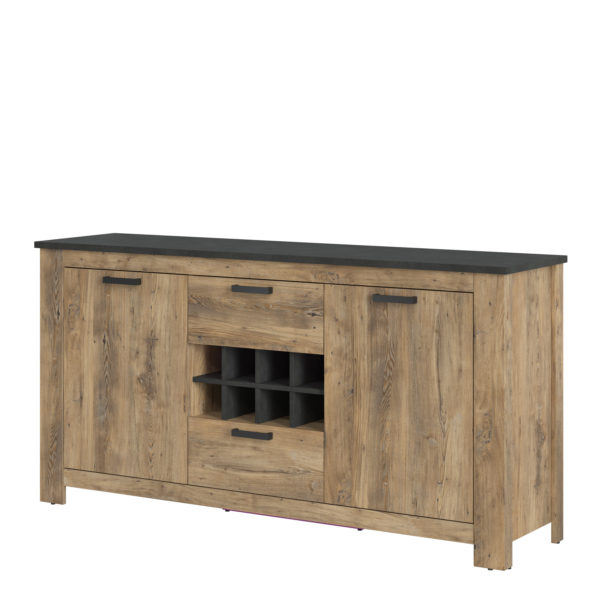 Compton 2 Door 2 Drawer Sideboard with Wine Rack | Chestnut and Matera Grey | Self Assembly