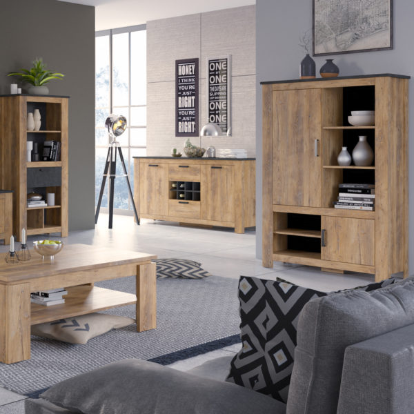 Compton 2 Door 2 Drawer Sideboard with Wine Rack | Chestnut and Matera Grey | Self Assembly