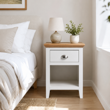 Grenada Ivory 1 Drawer Bedside Table | Oak Finish Top