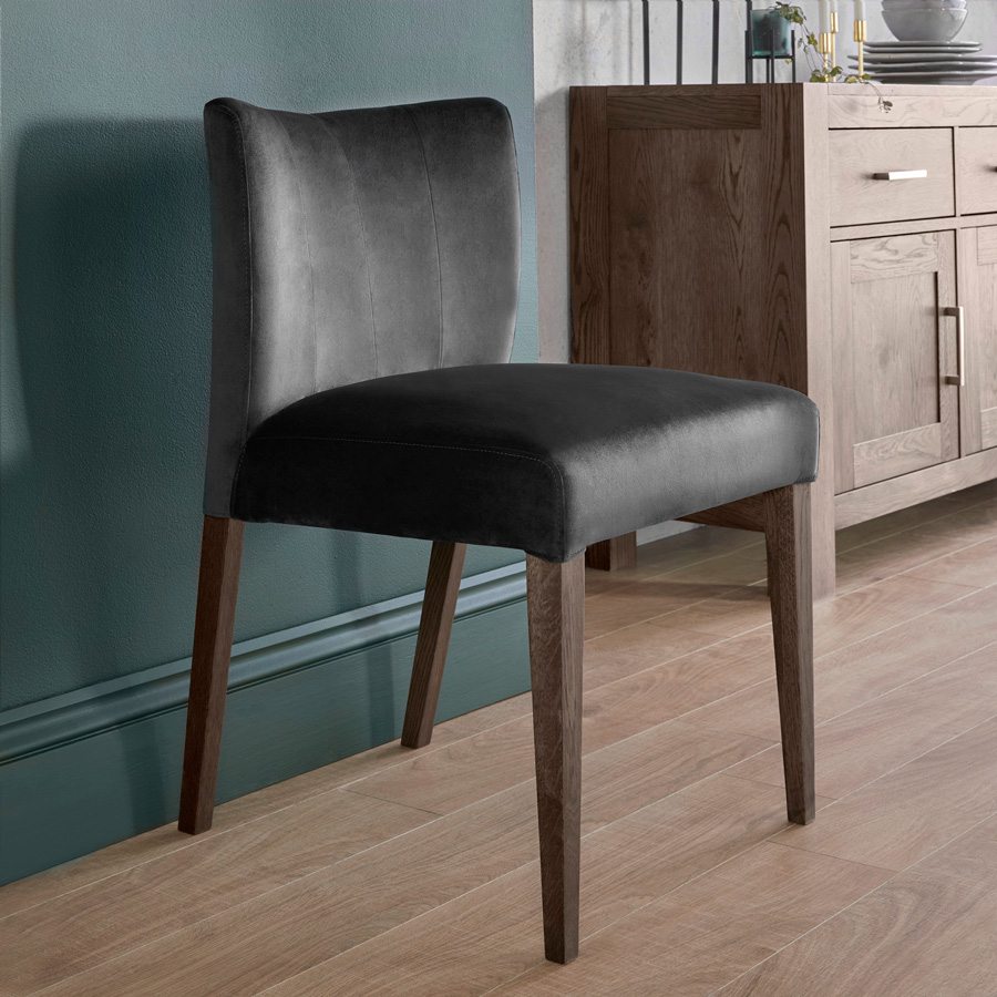 Silvan Dark Oak Low Back Pair Of Dining Chairs Gun Metal Grey