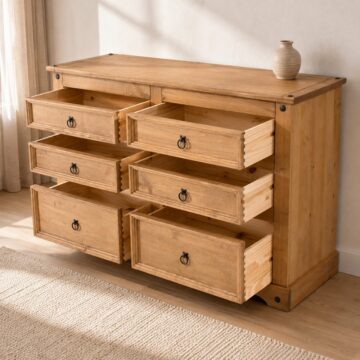 Azusa 3 Over 3 Wide Chest of Drawers | Antique Waxed Pine