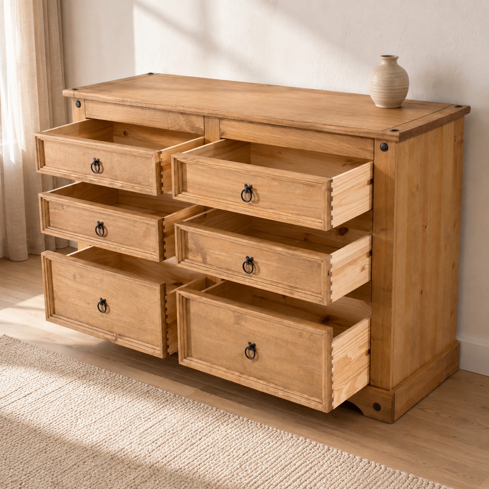 Azusa 3 Over 3 Wide Chest of Drawers | Antique Waxed Pine