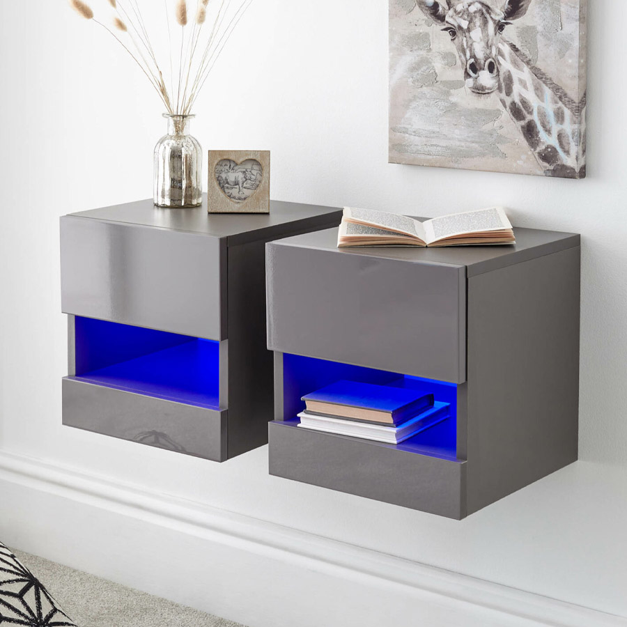 Lugo Pair of Wall Hanging Bedside Tables Grey Self Assembly Oak World